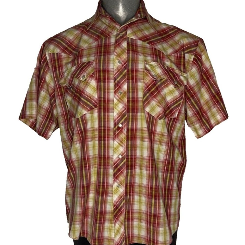 Vintage Rustler Wrangler Men’s sz L Western Shirt Red Yellow Pearl Snap Pockets